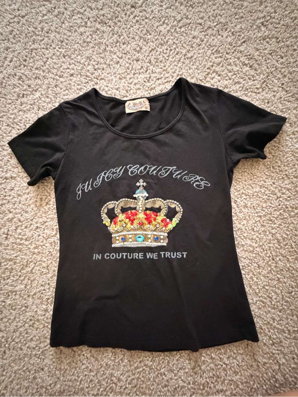 Juicy Couture Black Embellished Crown Tee with Multicolor Gems